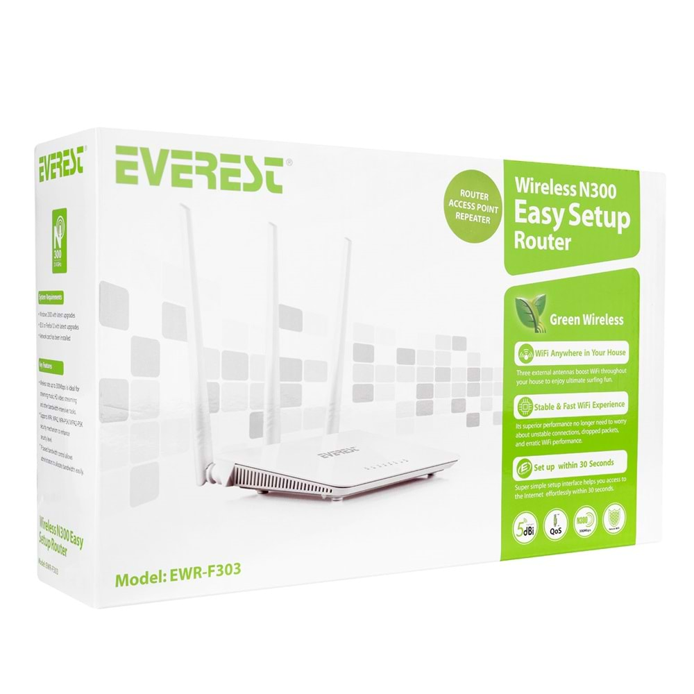 EVEREST EWR-F303 2.4 GHZ 300MPBS 1 WAN 3 LAN PORTLU WIRILES ROUTER