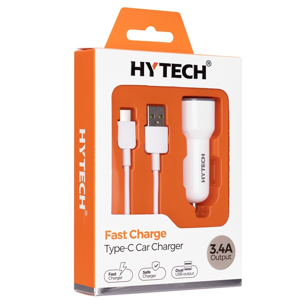 HYTECH HY-X46 3.4A HIZLI ŞARJ Type-C KABLOLU 2 USB BEYAZ ARAÇ ŞARJ CİHAZI