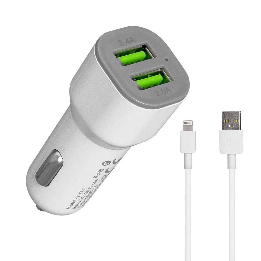 HYTECH HY-X44 3.4A HIZLI ŞARJ iPHONE 2 USB BEYAZ ARAÇ ŞARJ CİHAZI