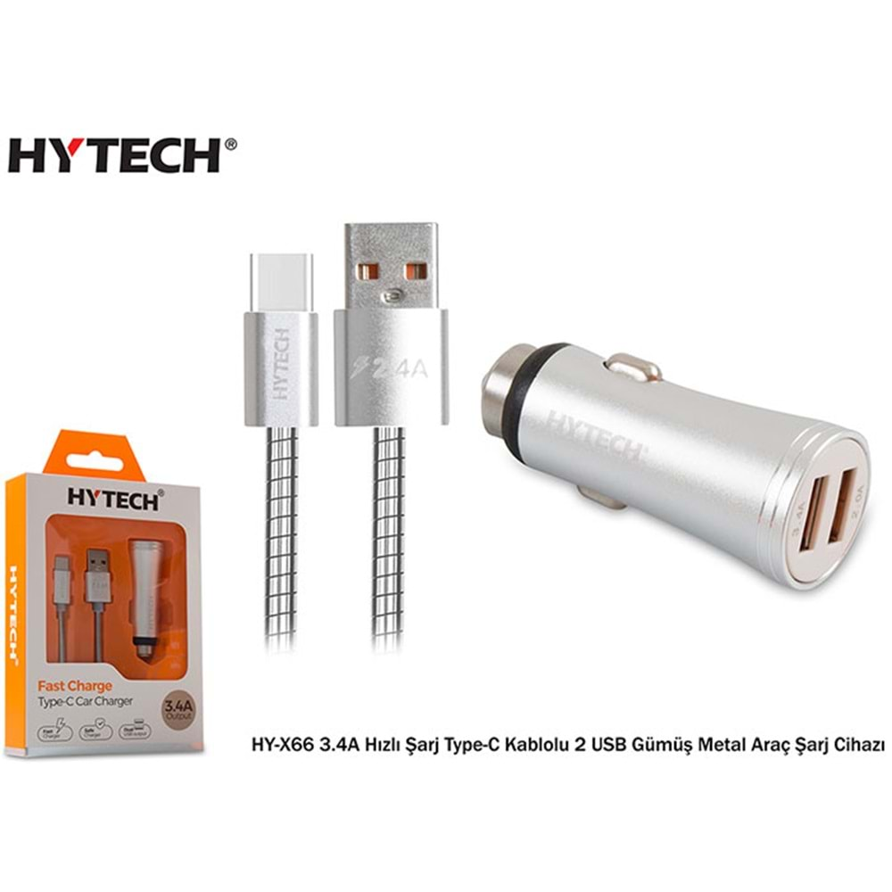 HYTECH HY-X66 3.4A HIZLI ŞARJ Type-C KABLOLU 2USB METAL ARAÇ ŞARJI