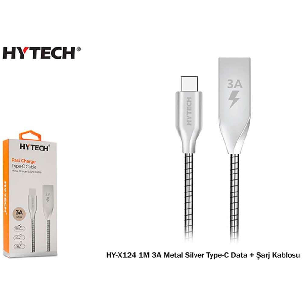 HYTECH HY-X124 1M 3A METAL SİLVER TYPE-C DATA+ŞARJ KABLOSU