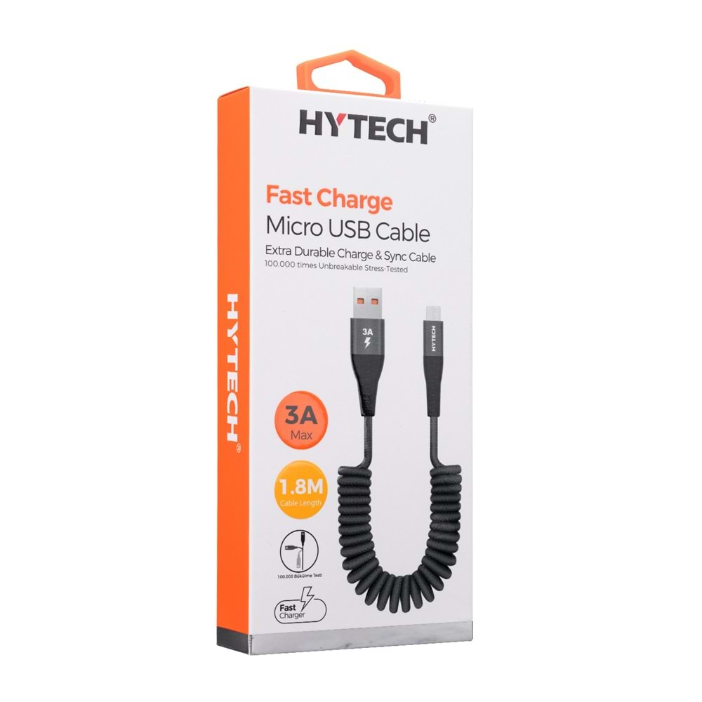 HYTECH HY-X270 1,8M 3A MICRO USB SPIRAL KILIFLI BEYAZ DATA+SARJ KABLOSU