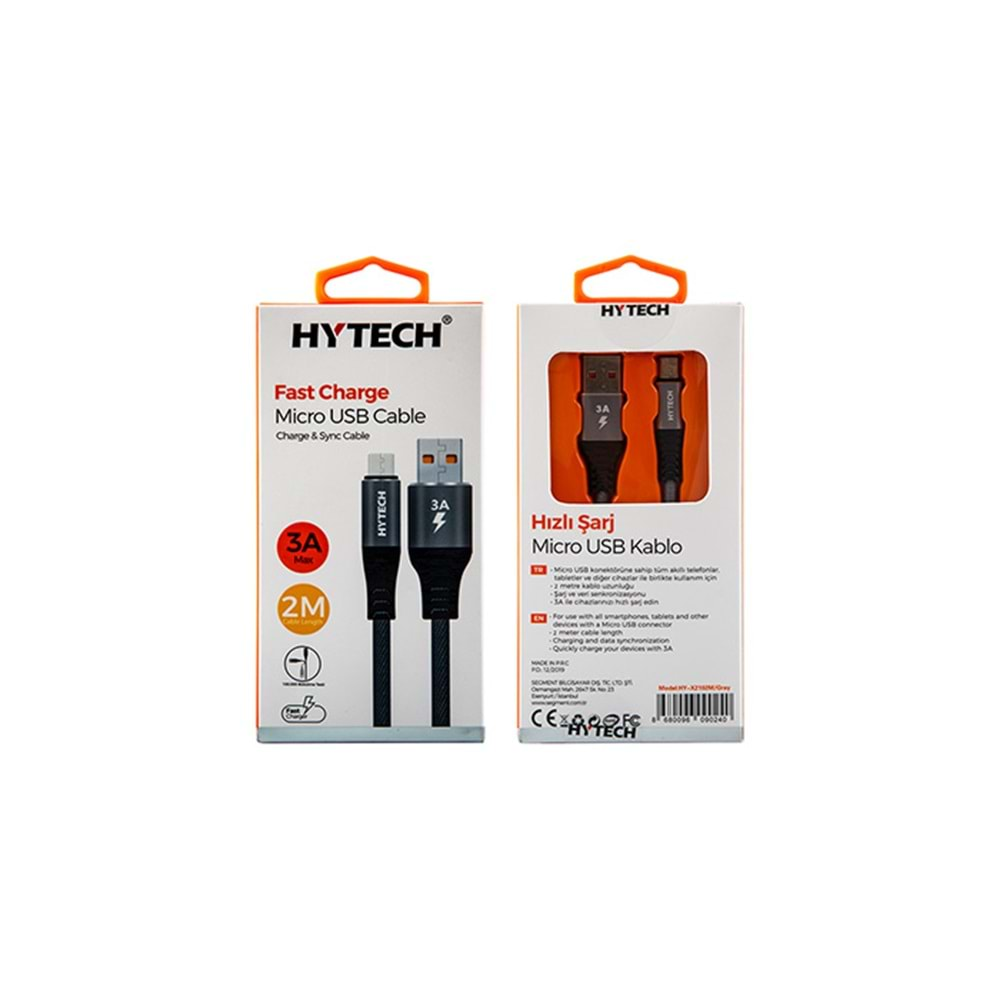 HYTECH HY-X2102M 3A MİCRO USB 2m GRİ DATA + SARJ KABLOSU