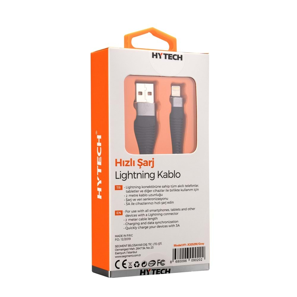 Hytech HY-X3252M 3A iPhone Lightning 2m Gri Şarj Kablosu