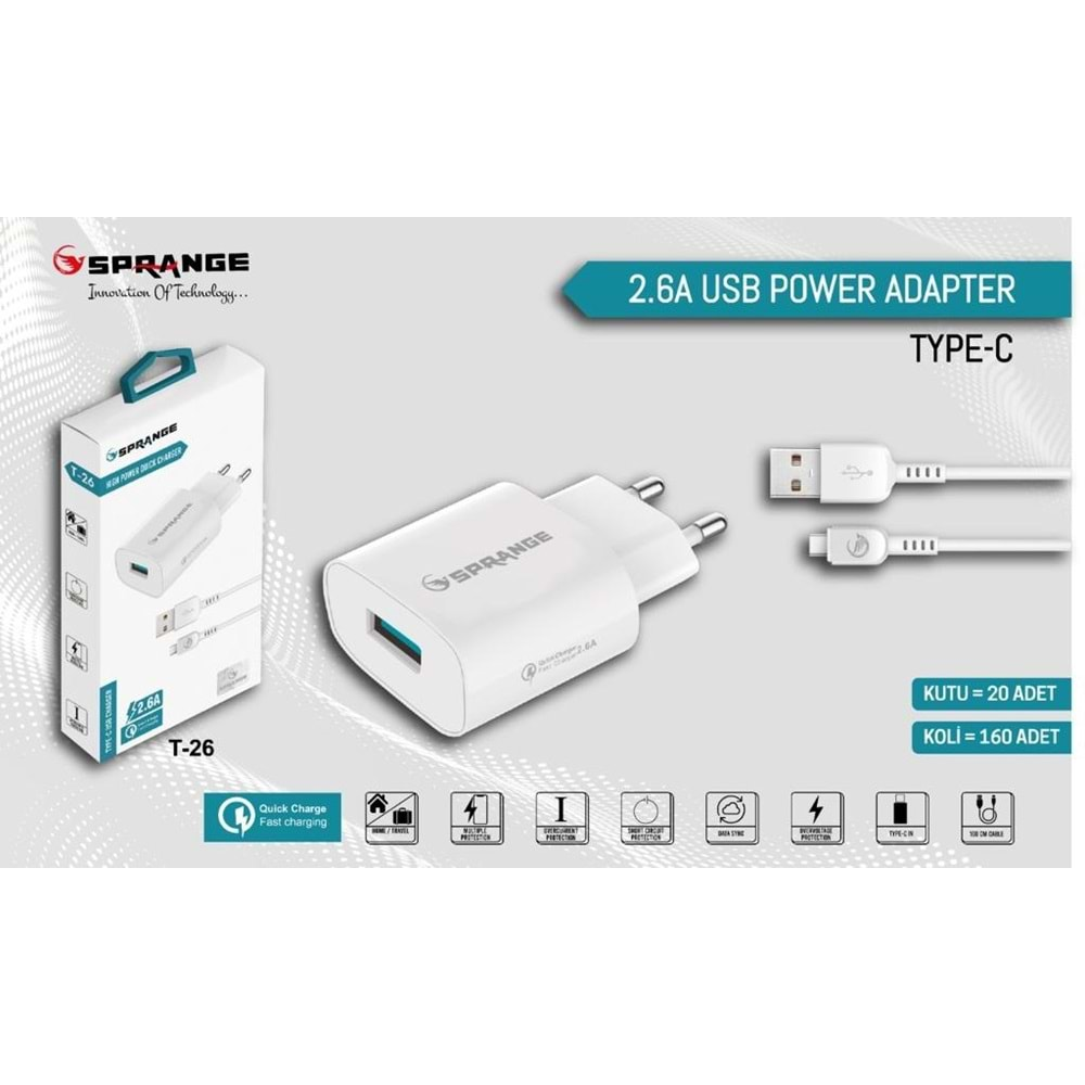 Sprange T-26 13W 2,6A QUICK Type-C USB Şarj Cihazı