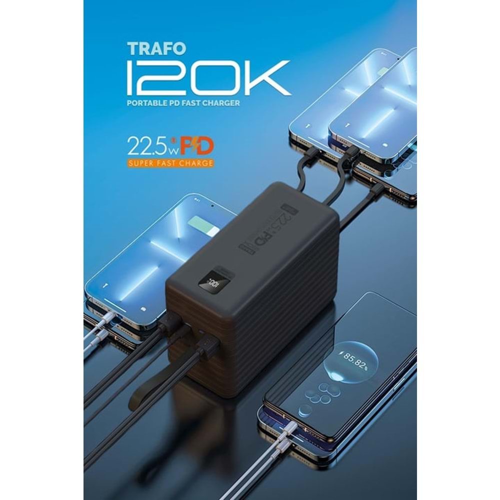 Powerway TRAFO120 120.000 Mah PD 22.5W Hızlı Şarj Dahili Kablolu Gerçek 120.000 Mah Trafo Siyah Powerbank