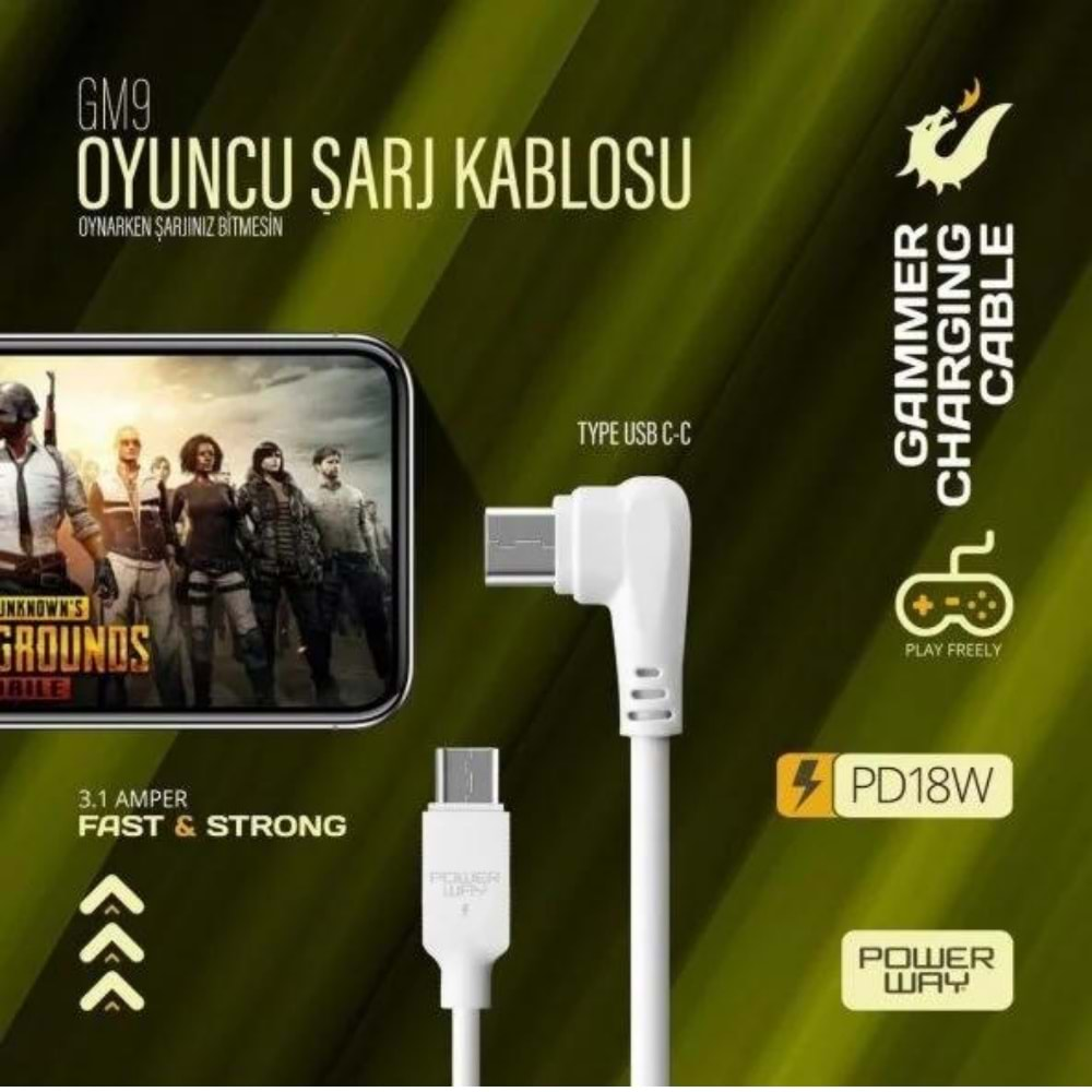 Powerway GM9 Pd18w 3.1A Usb-C To Usb-C Kablosu Örgülü Gaming Oyuncu Kablosu