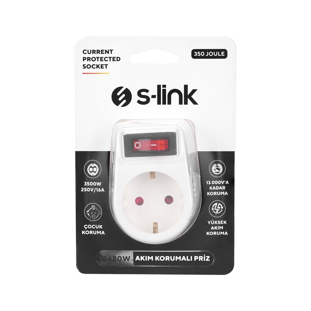 S-link SL-05P 16A 250V 350 Joule Anahtarlı Akım Korumalı Priz