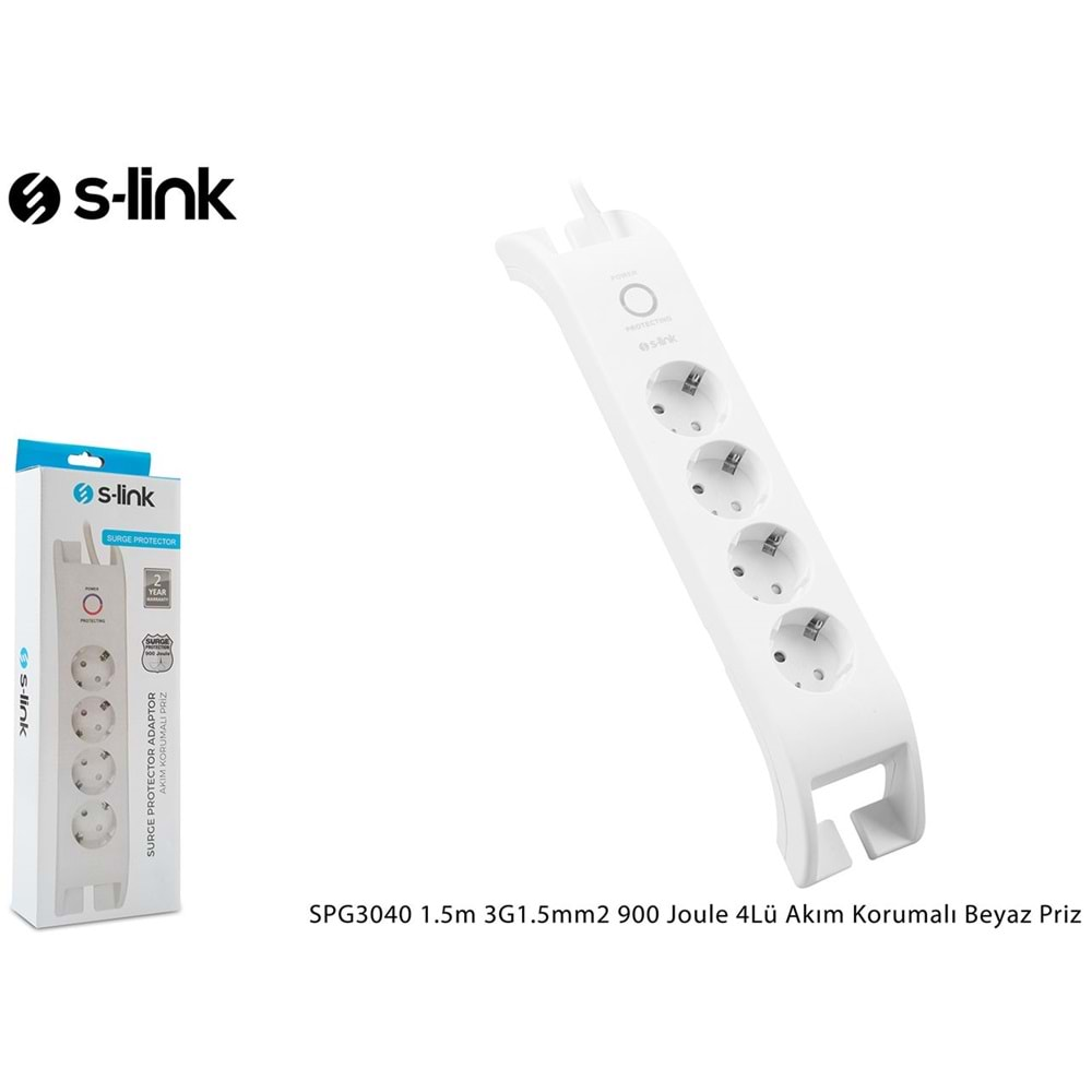 S-link SPG3040 2mt 3G1.5mm2 900 Joule 4lü Akım Korumalı Siyah Priz