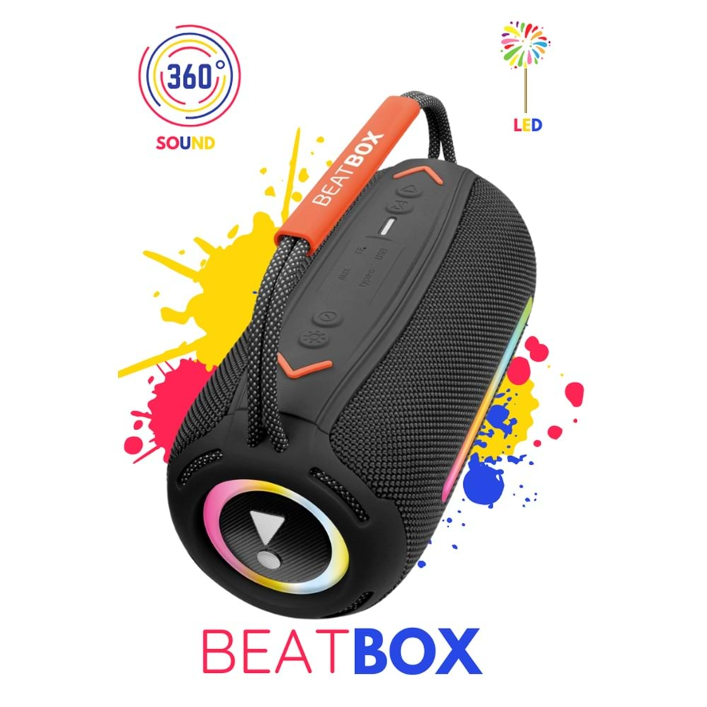 Powerway BEATBOX Siyah Led Işıklı Dayanıklı Ses Bombası Usb Sd Aux FM Radyo Bluetooh Hoparlör