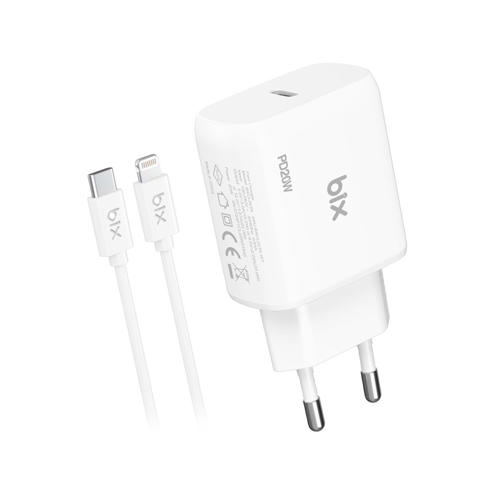 Bix BXCL21TA 20W Type-C PD 3.0 Akım Korumalı Hızlı Şarj Adaptörü ve 1 mt Type-C to Lightning Kablo