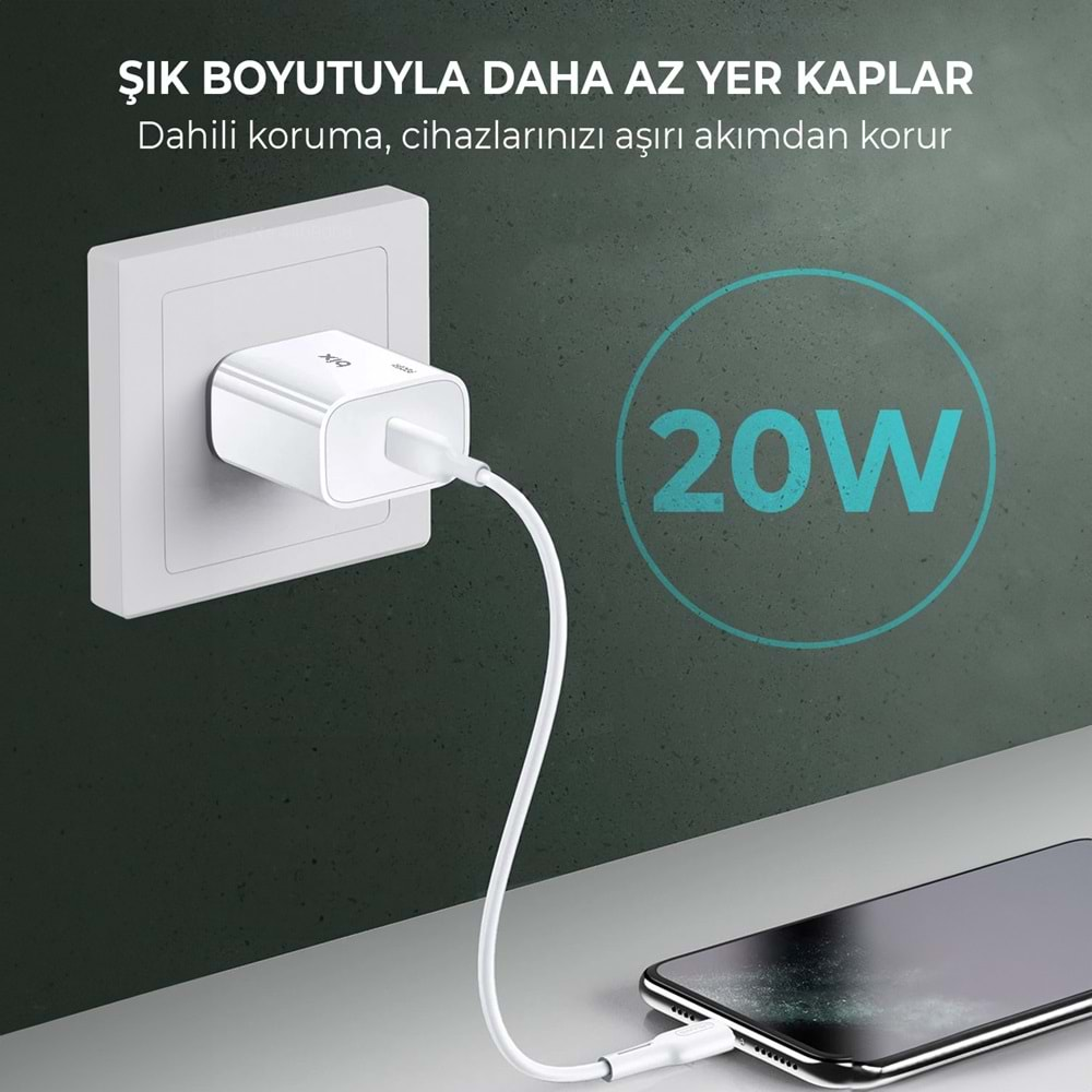 Bix BXCL21TA 20W Type-C PD 3.0 Akım Korumalı Hızlı Şarj Adaptörü ve 1 mt Type-C to Lightning Kablo