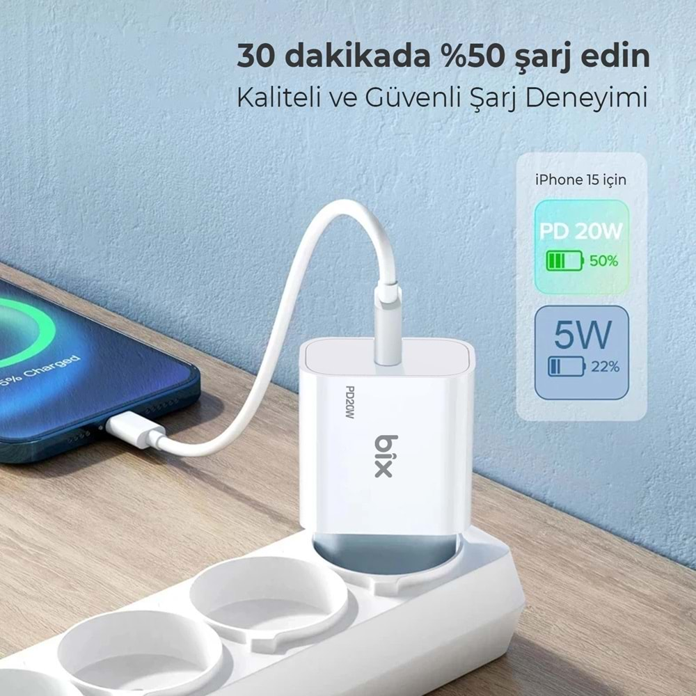 Bix BXCL21TA 20W Type-C PD 3.0 Akım Korumalı Hızlı Şarj Adaptörü ve 1 mt Type-C to Lightning Kablo