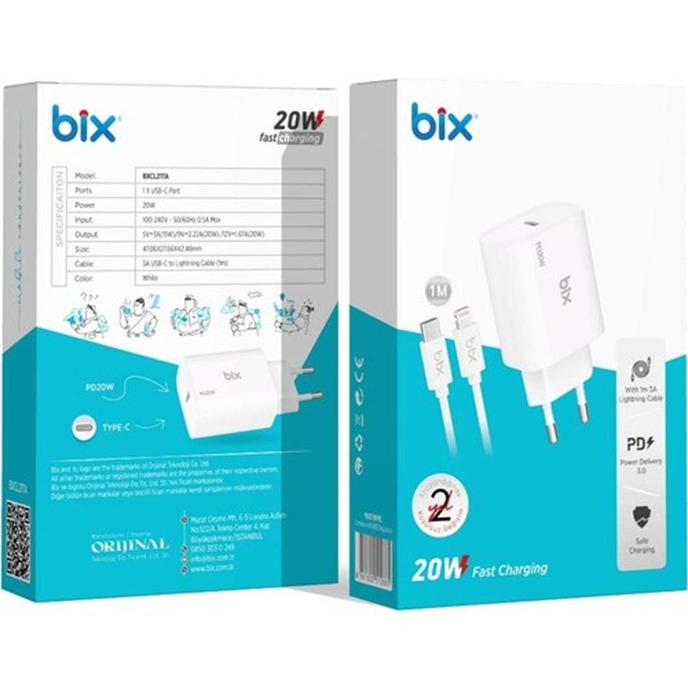 Bix BXCL21TA 20W Type-C PD 3.0 Akım Korumalı Hızlı Şarj Adaptörü ve 1 mt Type-C to Lightning Kablo