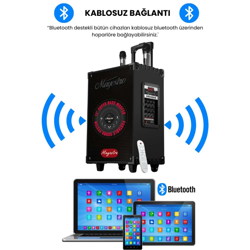 Powerway MT90 Şarjlı Çift Mikrofonlu Hoparlör Karaoke Sistemi Taşınabilir Amfi Bluetooth Hoparlör