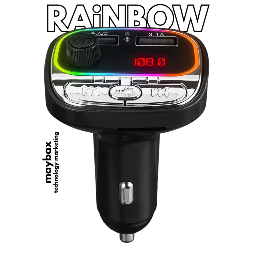 Hytech HY-XCB40 Çift USB 5V 3.1A Rainbow Işıklı Led Ekran TF Kartlı V5.0 Bluetooth Fm Transmitter