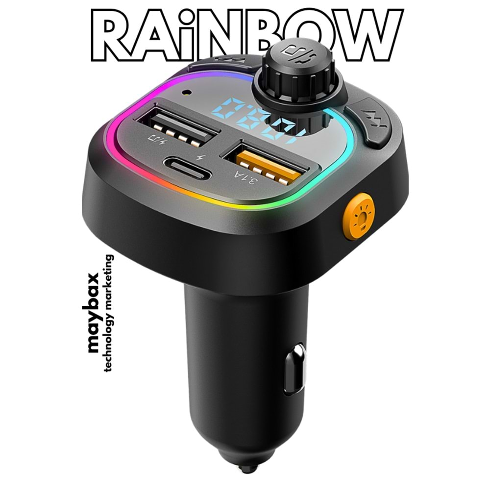 Hytech HY-XCB45 5V 3.1A / 5V 1A Rainbow Işıklı Led Ekran MP3 TF+USB+FM Bluetooth Fm Transmitter