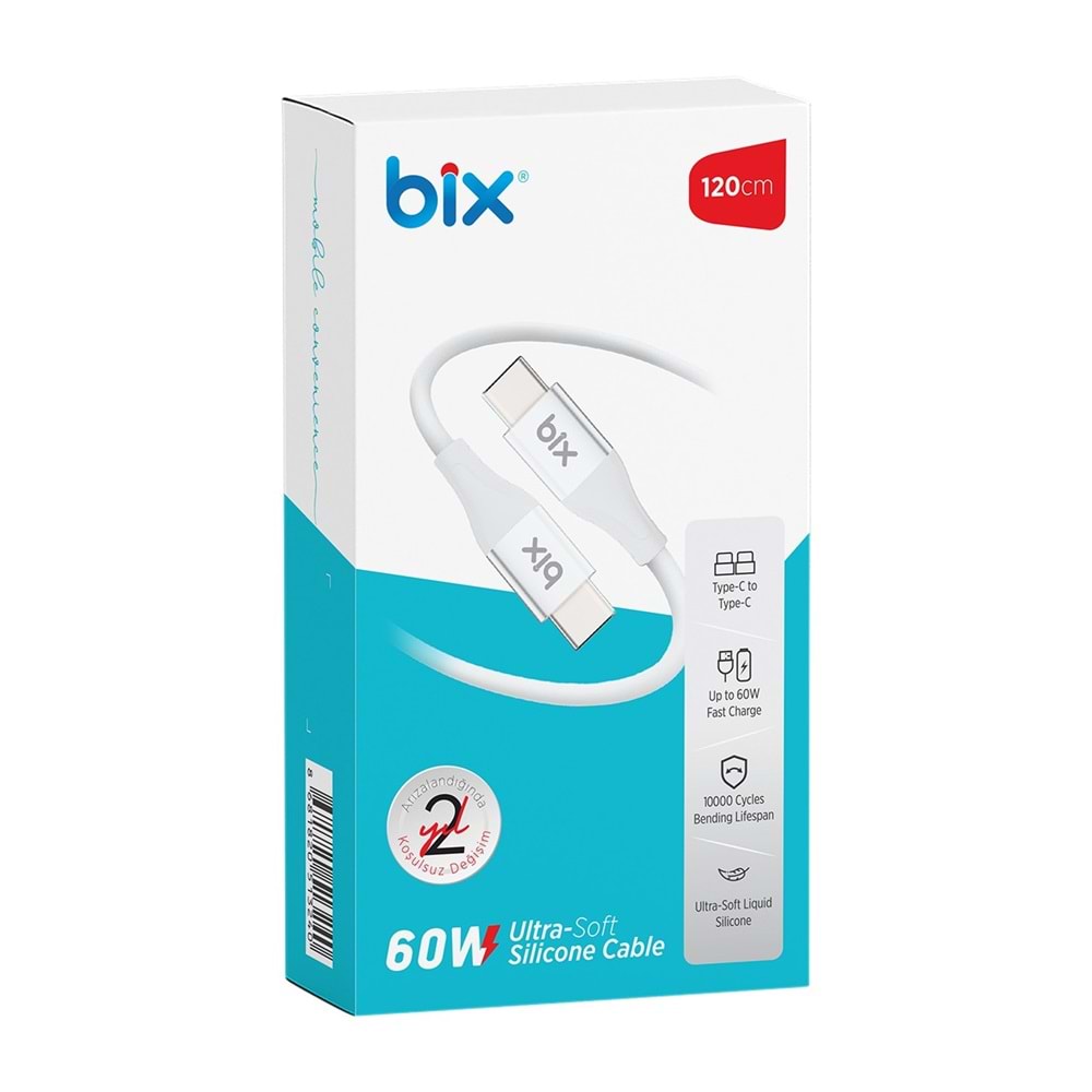 Bix BXSC1CC 60W 1,2mt Type-C den Type-C ye Ultra Yumuşak Silikonlu Kablo