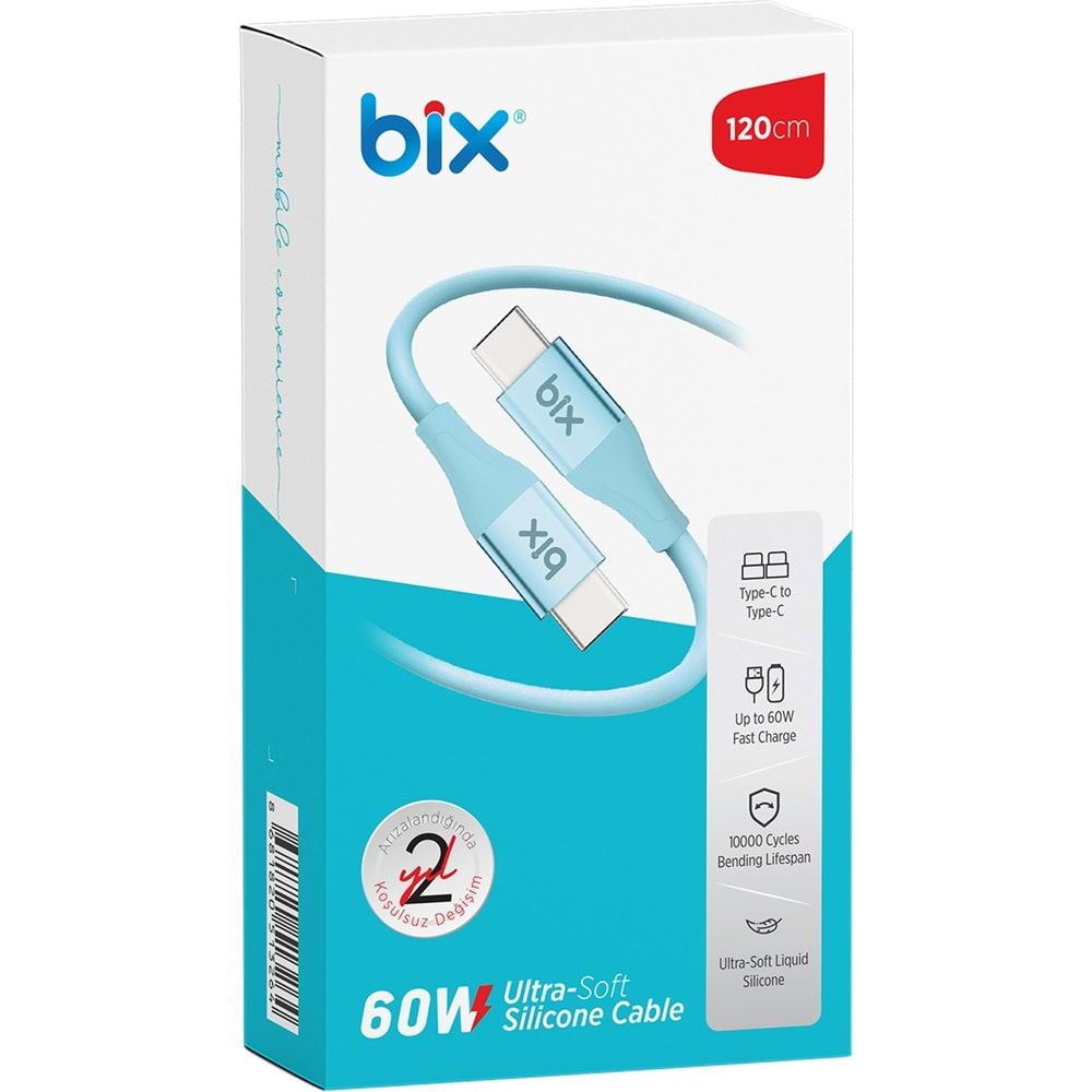 Bix BXSC1CC 60W 1,2mt Type-C den Type-C ye Ultra Yumuşak Silikonlu Kablo