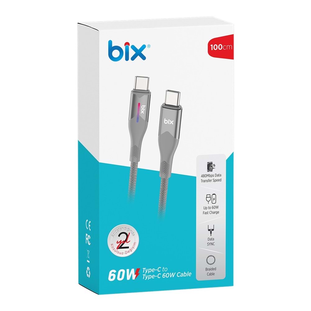 Bix BX05CC Type-C to Type-C 60W 1mt Örgülü LED Işıklı Şarj ve Data Kablosu