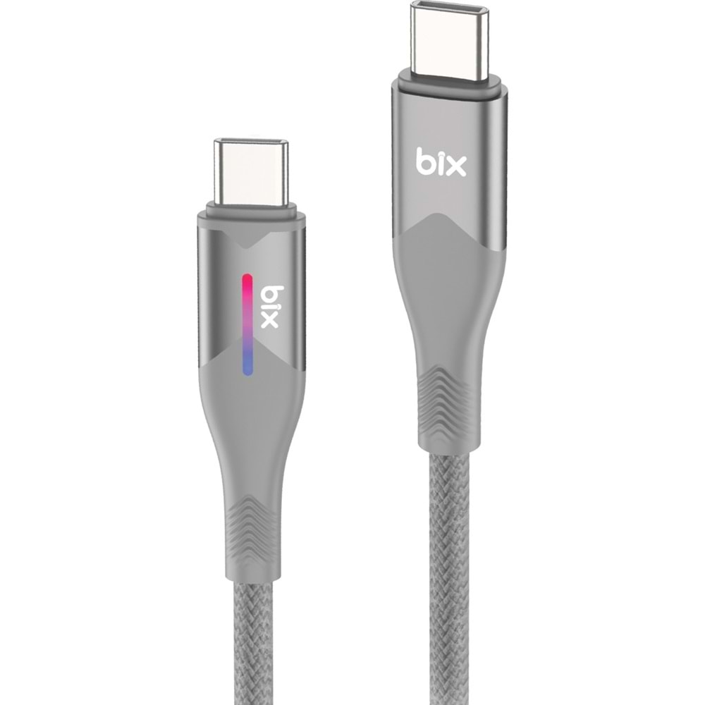 Bix BX05CC Type-C to Type-C 60W 1mt Örgülü LED Işıklı Şarj ve Data Kablosu