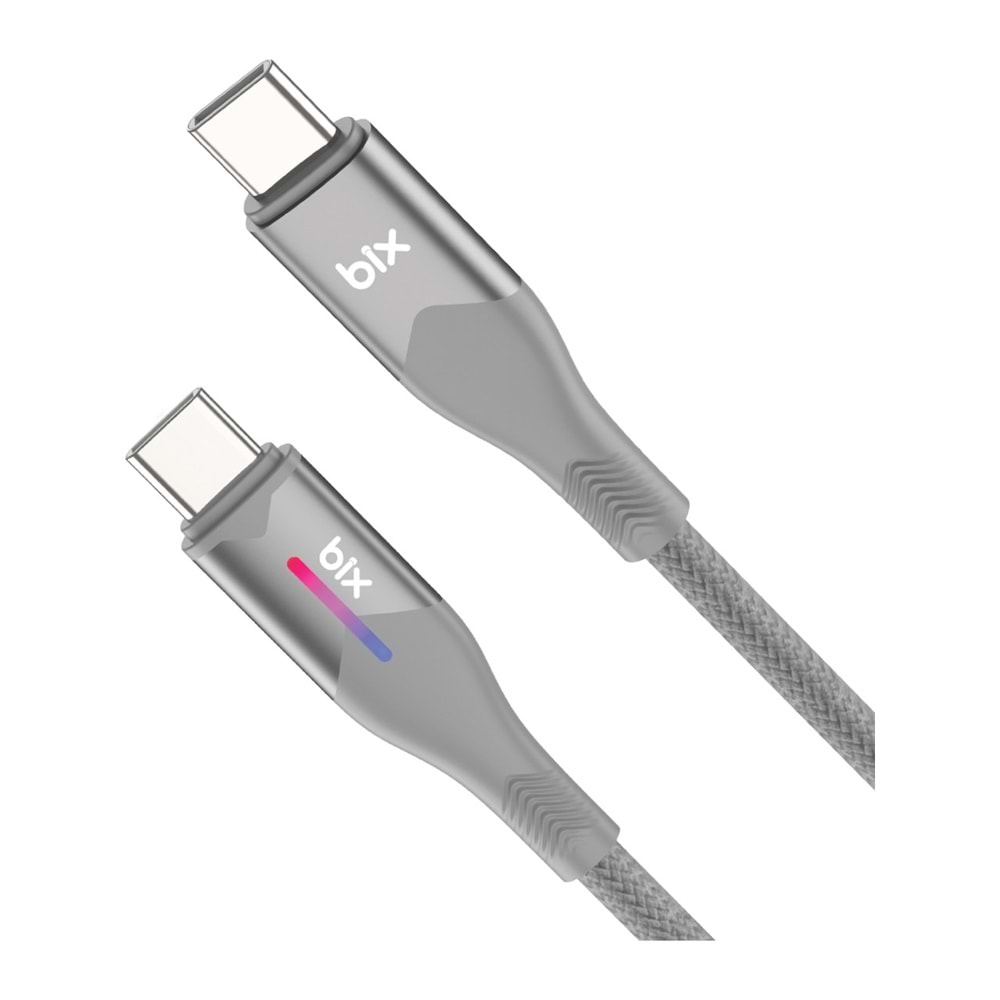 Bix BX05CC Type-C to Type-C 60W 1mt Örgülü LED Işıklı Şarj ve Data Kablosu