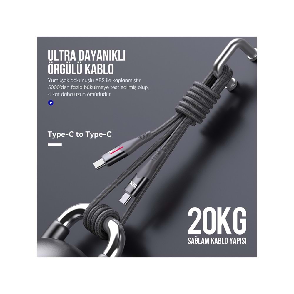 Bix BX05CC Type-C to Type-C 60W 1mt Örgülü LED Işıklı Şarj ve Data Kablosu