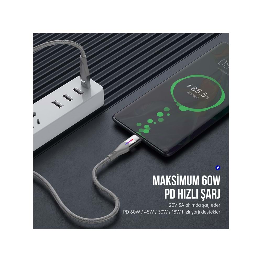 Bix BX05CC Type-C to Type-C 60W 1mt Örgülü LED Işıklı Şarj ve Data Kablosu