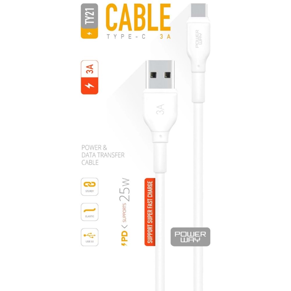 Powerway TY21 USB 3,0 3A 25W Type-C Şarj Ve Data Kablosu