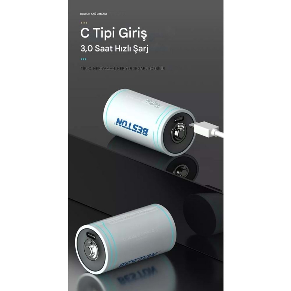 BESTON P2-LID-D Tip Şarj Edilebilir USB-C Şarjlı Pil