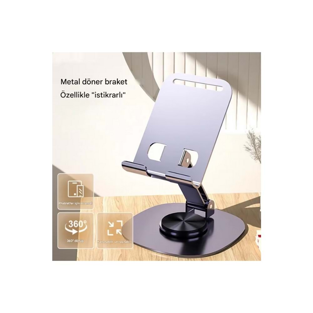 Bix TS01 Katlanabilir 360° Çok Açılı Yükseklik Ayarlı Metal Masaüstü Tablet iPad Tutucu Telefon Standı Gri