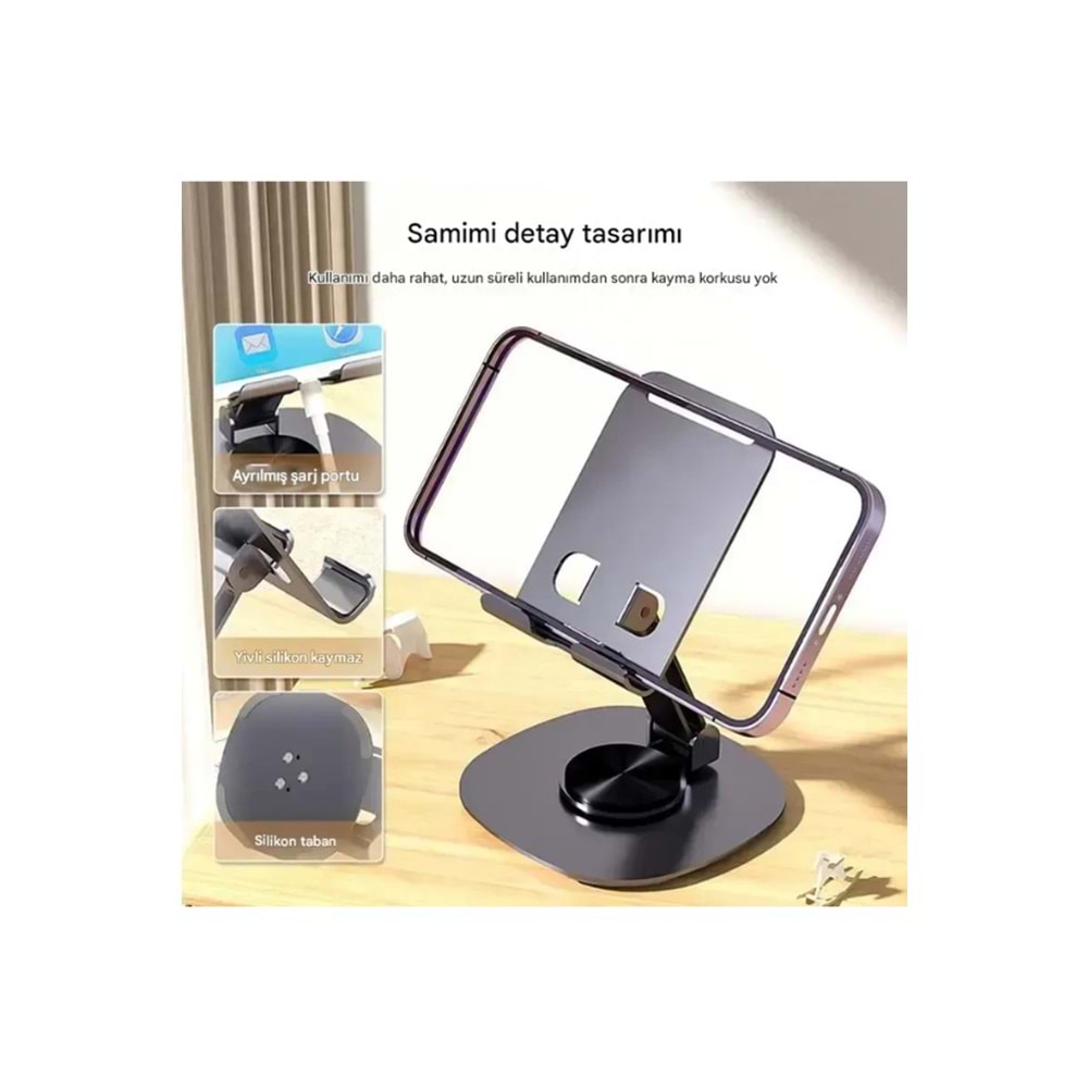 Bix TS01 Katlanabilir 360° Çok Açılı Yükseklik Ayarlı Metal Masaüstü Tablet iPad Tutucu Telefon Standı Gri