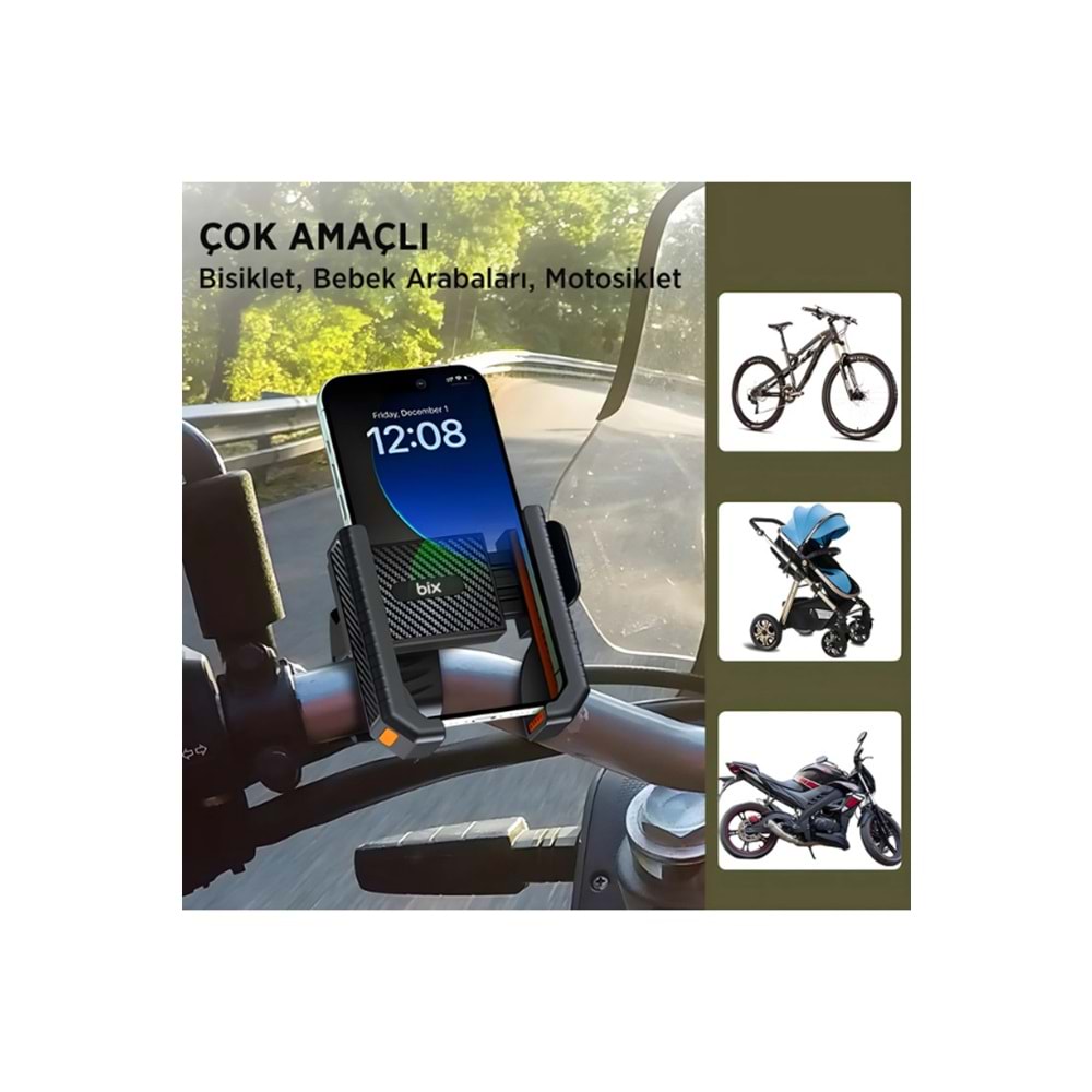 Bix BPH01 Gidon Bağlantılı Bisiklet Motosiklet için Esnek ABS 4-7.8¨ inç Telefon Tutucu 360° Dönebilen Tasarım