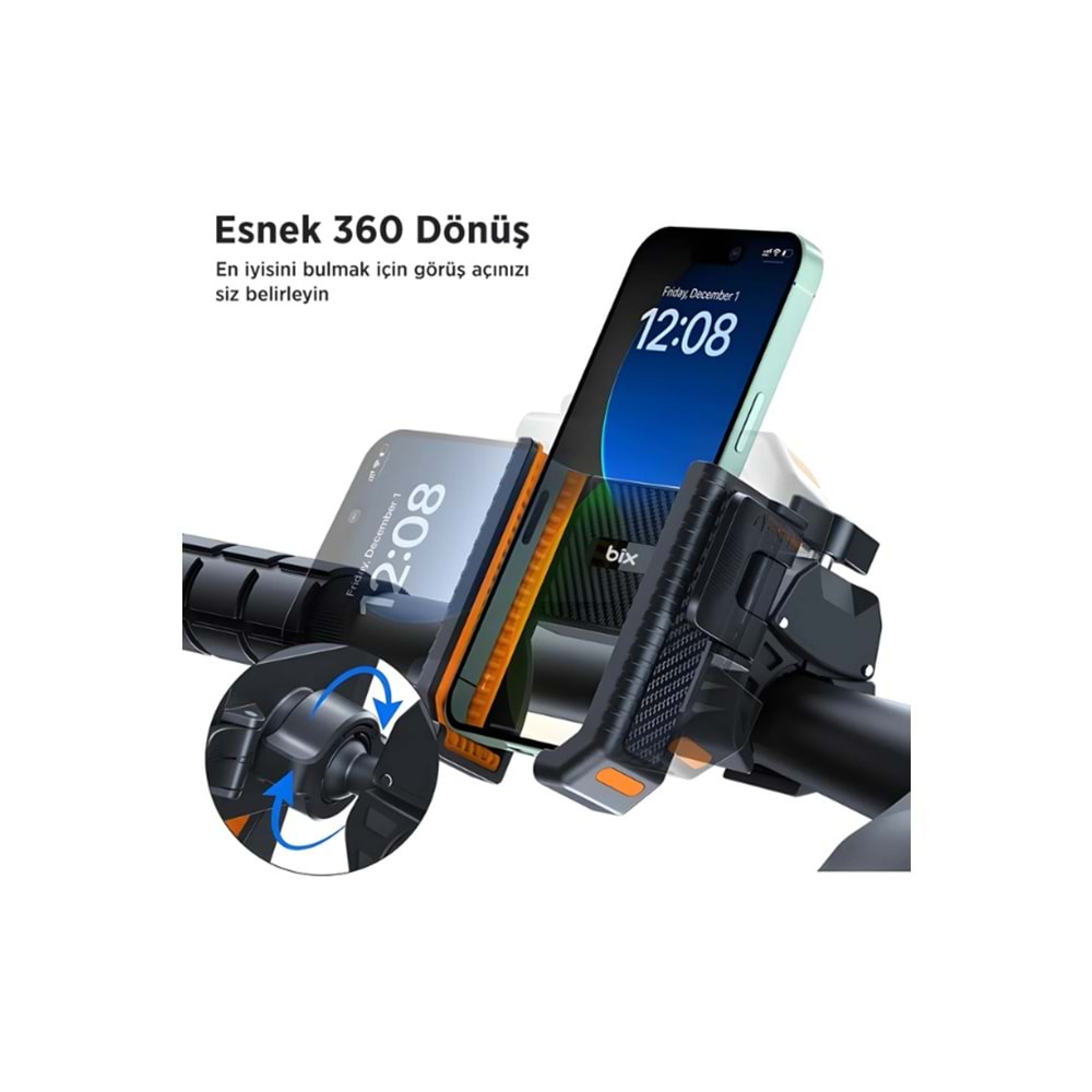 Bix BPH01 Gidon Bağlantılı Bisiklet Motosiklet için Esnek ABS 4-7.8¨ inç Telefon Tutucu 360° Dönebilen Tasarım