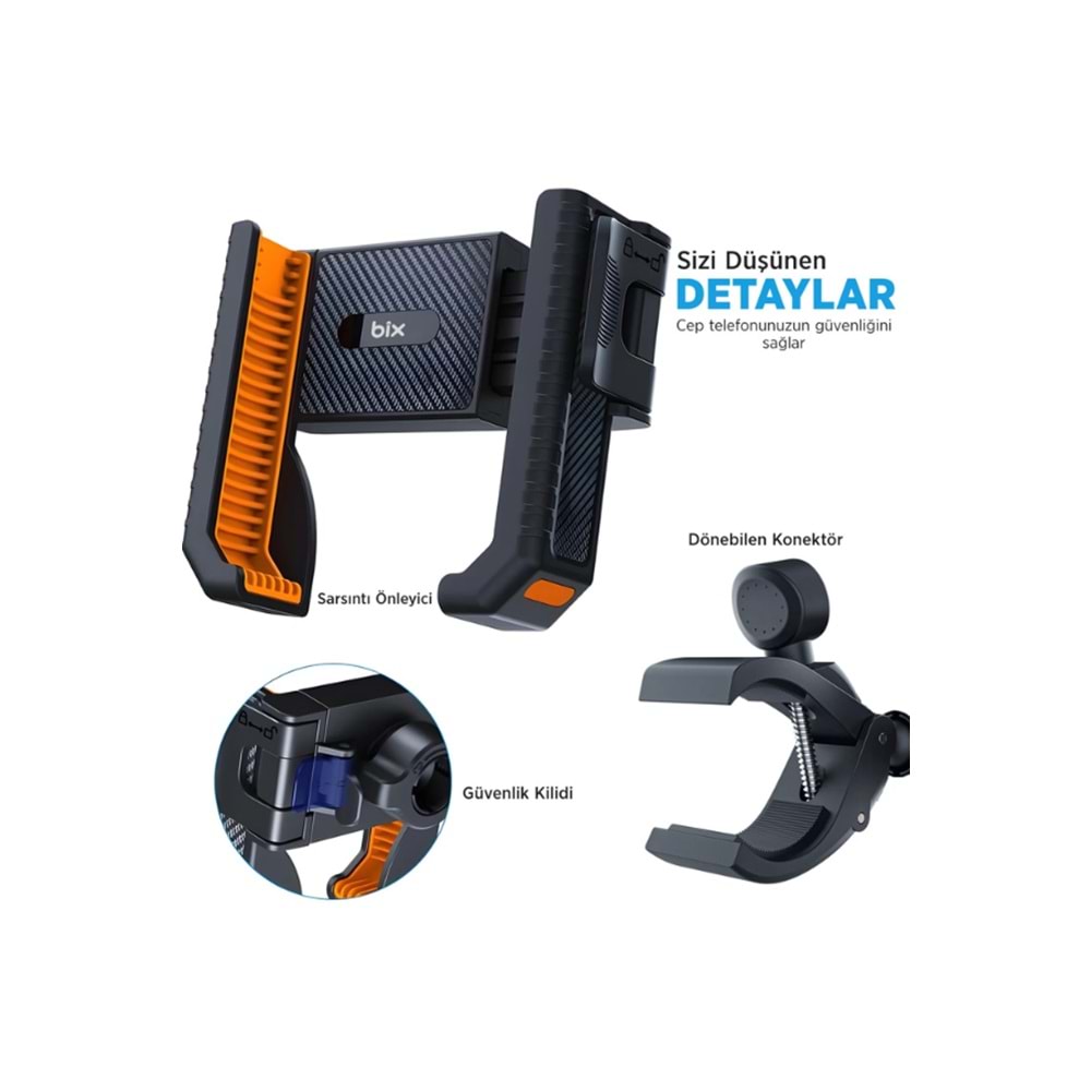 Bix BPH01 Gidon Bağlantılı Bisiklet Motosiklet için Esnek ABS 4-7.8¨ inç Telefon Tutucu 360° Dönebilen Tasarım