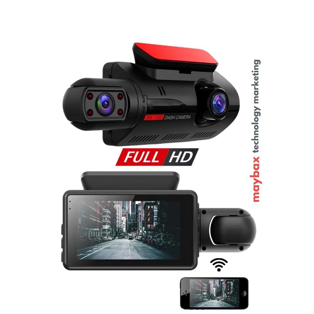 A68 ÇİFT LENS ARAÇ İÇİ DİKİZ GPRS DASHCAM Wİ-Fİ ARABA KAMERASI