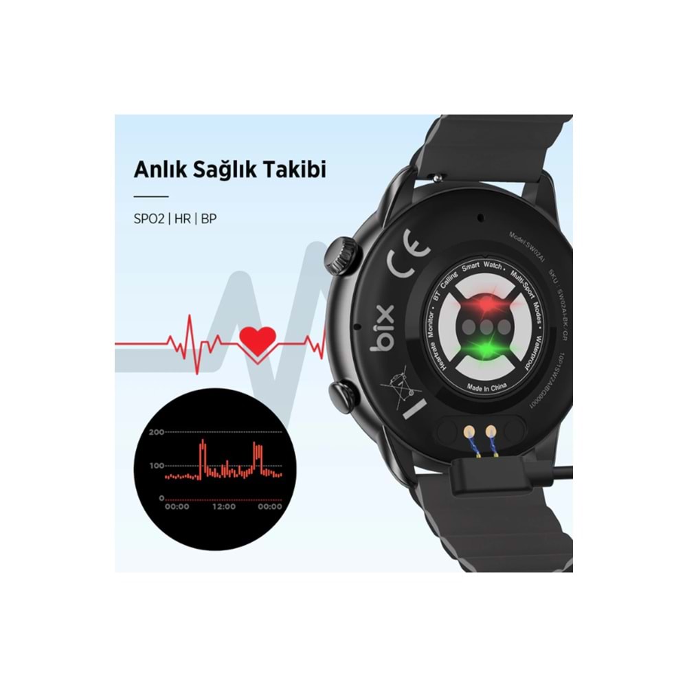 Bix SW02AI 1.43” AMOLED Ekran, Bluetooth 5.2 Telefon Görüşme ve ChatGPT Destekli IP68 Suya Dayanıklı Sağlık Takibi Tansiyon Nabız Ölçer Özellikli iOS & Android Uyumlu Akıllı Saat Siyah-Gri