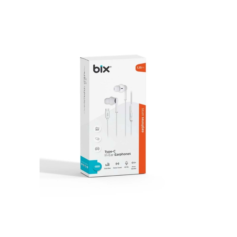 Bix HF01C Type-C 14mm Extra Bass Özellikli Mikrofonlu Kulak içi Kulaklık Siyah&Beyaz