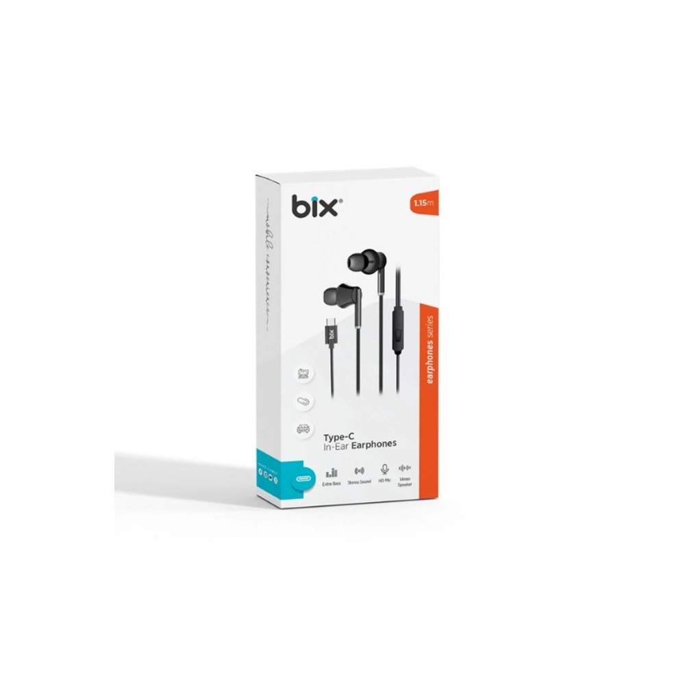 Bix HF01C Type-C 14mm Extra Bass Özellikli Mikrofonlu Kulak içi Kulaklık Siyah&Beyaz