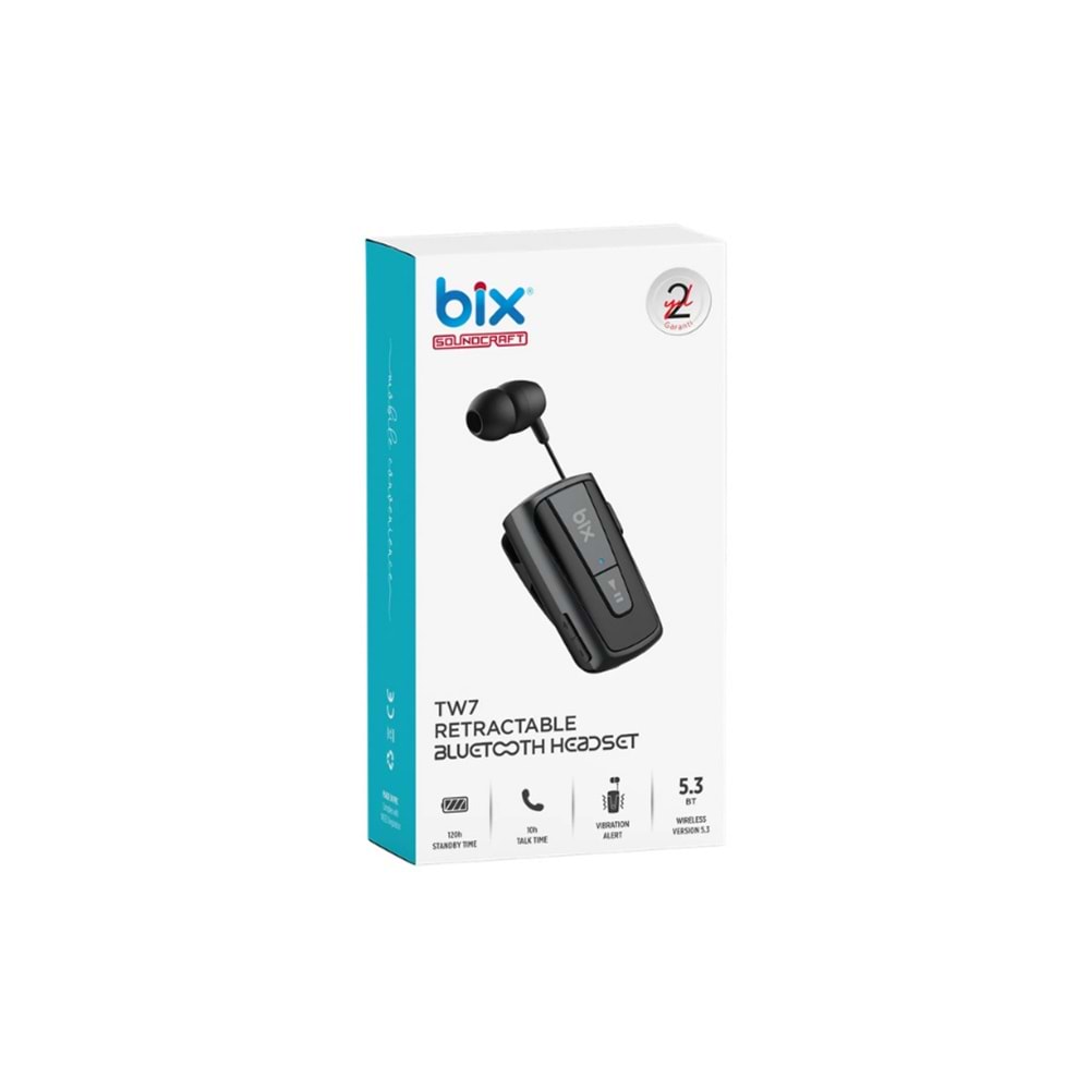 Bix TW7 Soundcraft Titreşimli ve Geri Çekilebilir Makaralı Bluetooth 5.3 Yaka Klipsli Kulaklık