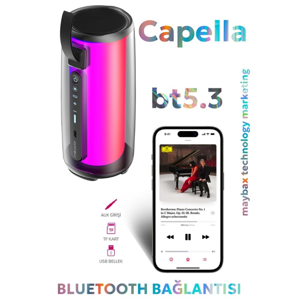 Mikado MD-17BT Capella Siyah 10W 1 RGB Mikrofonlu Transparan/Bt/TF Kart/Aux/Usb TWS 1800 mAh Bataryalı Speaker
