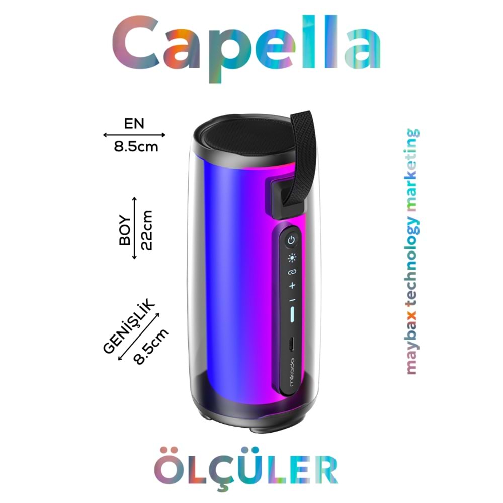 Mikado MD-17BT Capella Siyah 10W 1 RGB Mikrofonlu Transparan/Bt/TF Kart/Aux/Usb TWS 1800 mAh Bataryalı Speaker