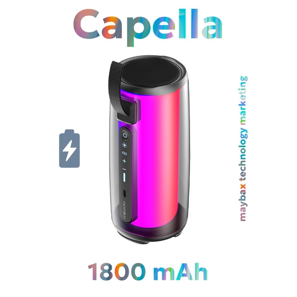 Mikado MD-17BT Capella Siyah 10W 1 RGB Mikrofonlu Transparan/Bt/TF Kart/Aux/Usb TWS 1800 mAh Bataryalı Speaker