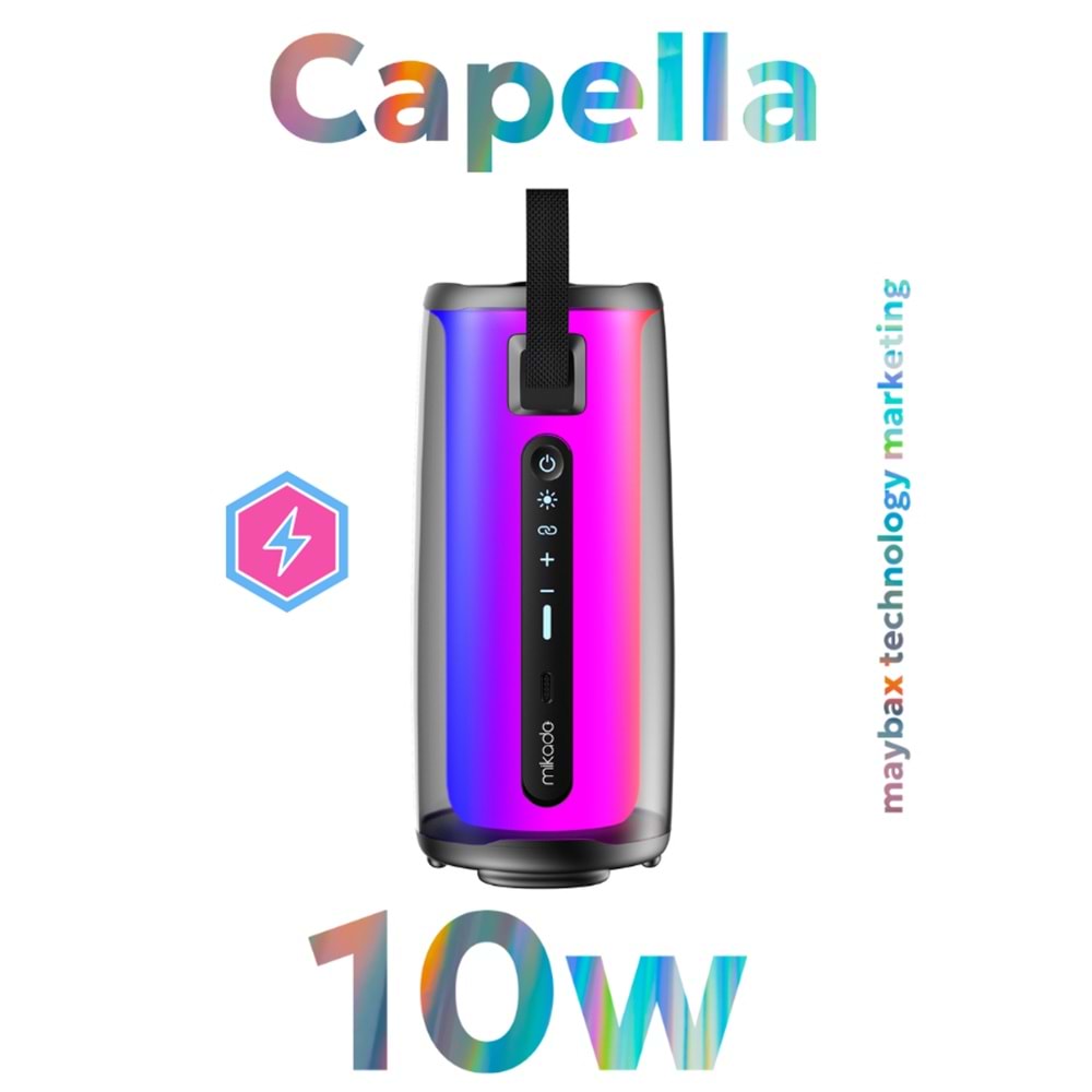 Mikado MD-17BT Capella Siyah 10W 1 RGB Mikrofonlu Transparan/Bt/TF Kart/Aux/Usb TWS 1800 mAh Bataryalı Speaker