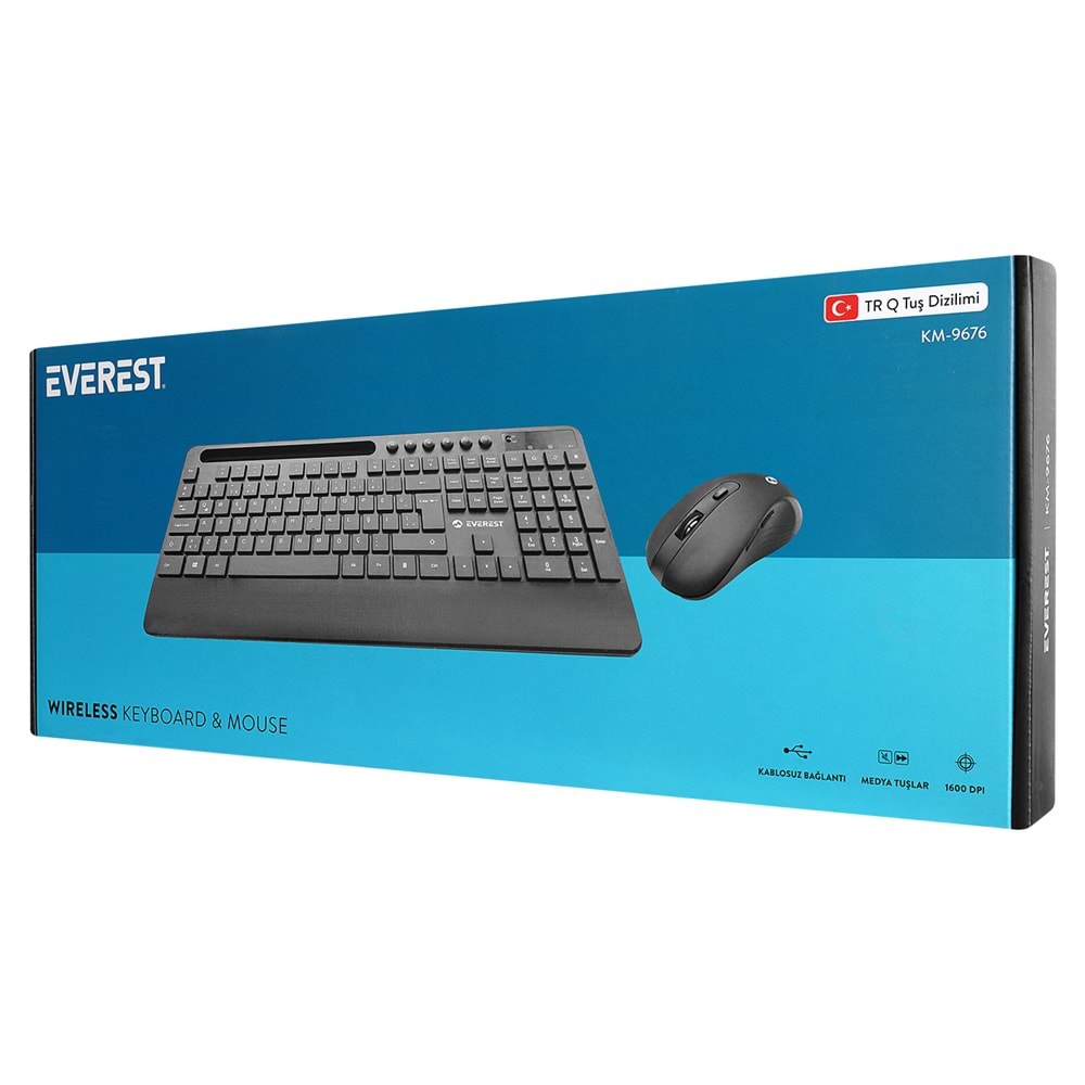 Everest KM-9676 Siyah Kablosuz 800/1200/1600 dpi Q Standart Klavye + Mouse Set