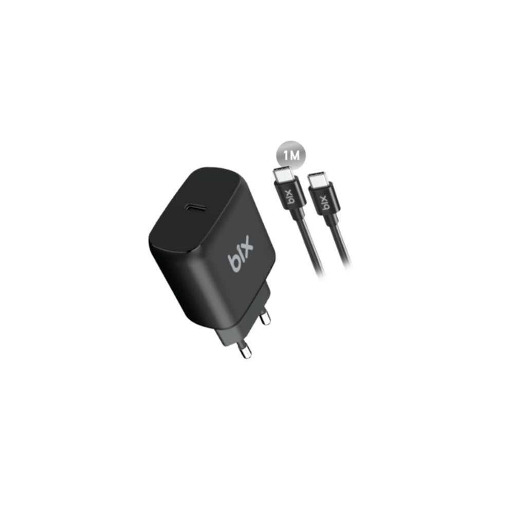 Bix BXC25B 25W Type-C PD Hızlı Şarj Adaptörü + 1 Metre 5A Type-C Kablo Siyah