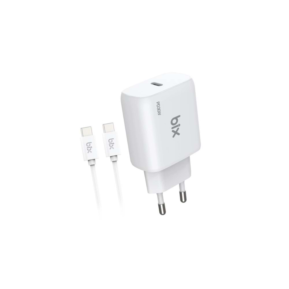 Bix BXUC30TA 30W Type-C PD 3.0 Hızlı Şarj Adaptörü ve 1 Metre 3A Type-C Şarj Kablosu Beyaz