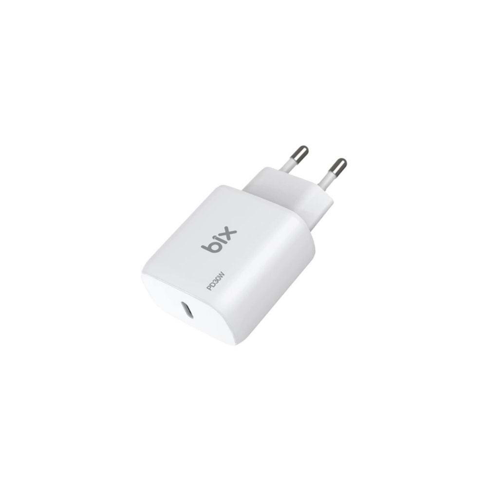 Bix BXUC30TA 30W Type-C PD 3.0 Hızlı Şarj Adaptörü ve 1 Metre 3A Type-C Şarj Kablosu Beyaz