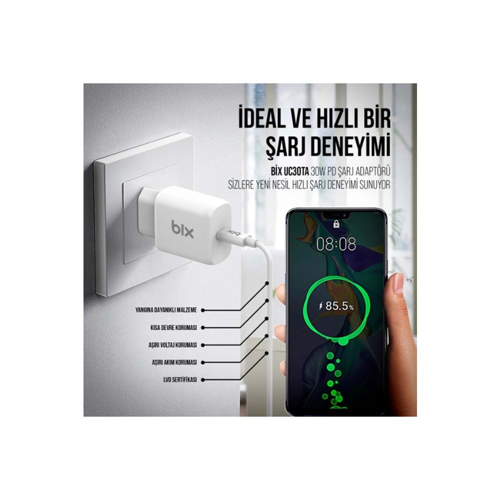 Bix BXUC30TA 30W Type-C PD 3.0 Hızlı Şarj Adaptörü ve 1 Metre 3A Type-C Şarj Kablosu Beyaz