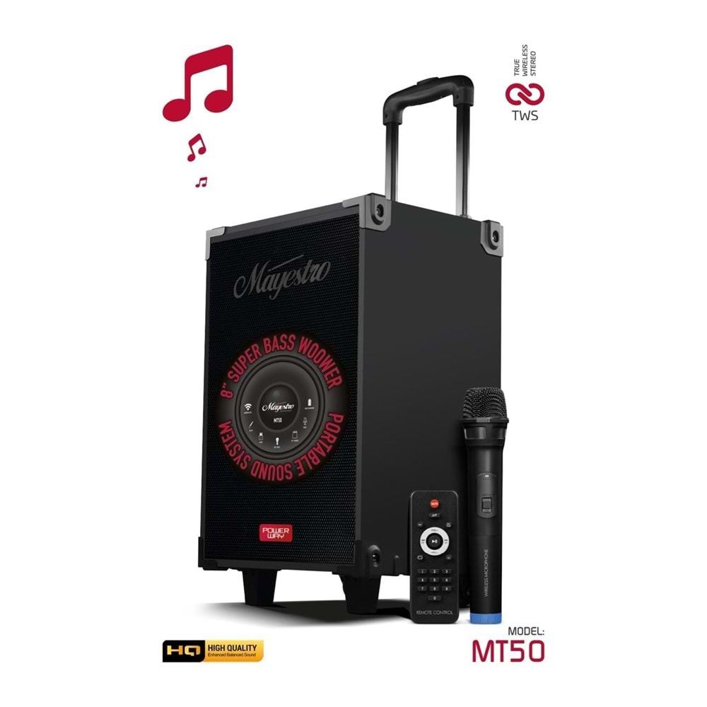 Powerway MT50 Şarjlı Mikrofonlu Hoparlör Karaoke Sistemi Taşınabilir Amfi Büyük Bluetooth Hoparlör